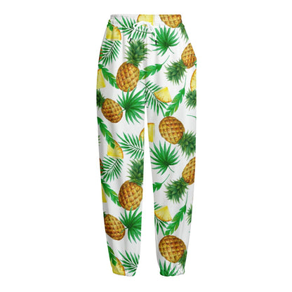 White Watercolor Pineapple Pattern Print Fleece Lined Knit Pants