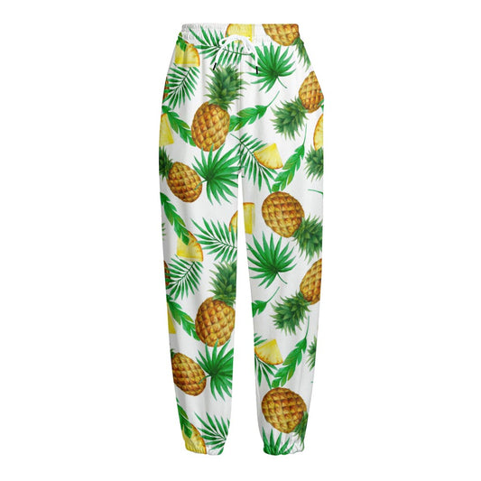 White Watercolor Pineapple Pattern Print Fleece Lined Knit Pants