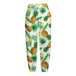 White Watercolor Pineapple Pattern Print Fleece Lined Knit Pants