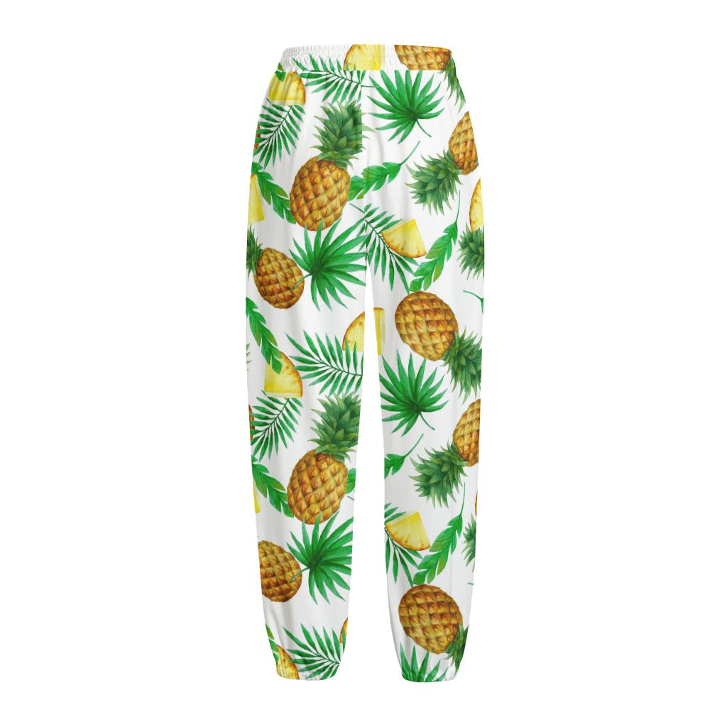 White Watercolor Pineapple Pattern Print Fleece Lined Knit Pants