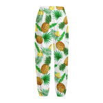White Watercolor Pineapple Pattern Print Fleece Lined Knit Pants