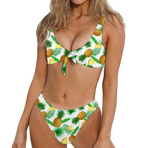 White Watercolor Pineapple Pattern Print Front Bow Tie Bikini