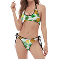 White Watercolor Pineapple Pattern Print Halter Scoop Tie Side Bikini