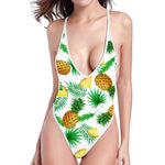 White Watercolor Pineapple Pattern Print High Cut One Piece Swimsuit