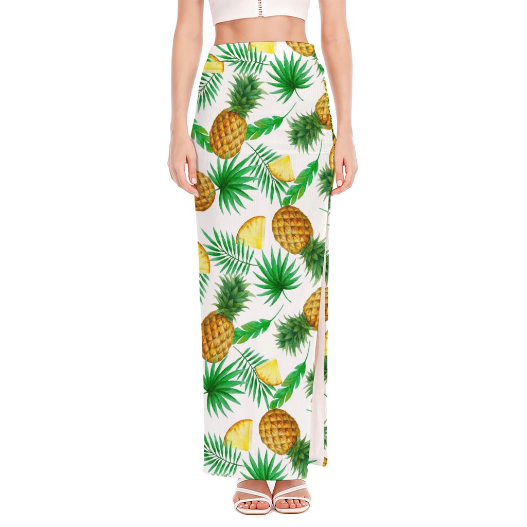 White Watercolor Pineapple Pattern Print High Slit Maxi Skirt