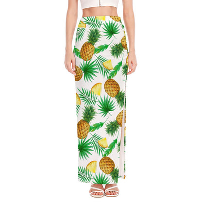 White Watercolor Pineapple Pattern Print High Slit Maxi Skirt