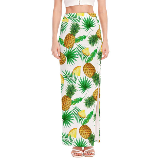 White Watercolor Pineapple Pattern Print High Slit Maxi Skirt