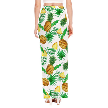 White Watercolor Pineapple Pattern Print High Slit Maxi Skirt
