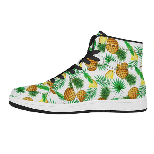 White Watercolor Pineapple Pattern Print High Top Leather Sneakers