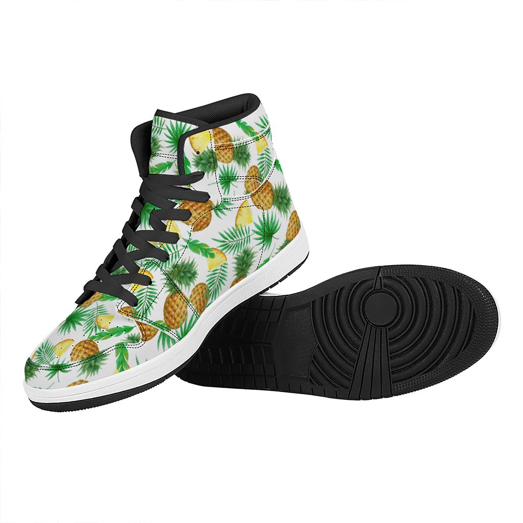 White Watercolor Pineapple Pattern Print High Top Leather Sneakers