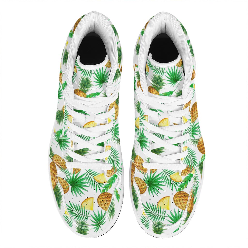 White Watercolor Pineapple Pattern Print High Top Leather Sneakers