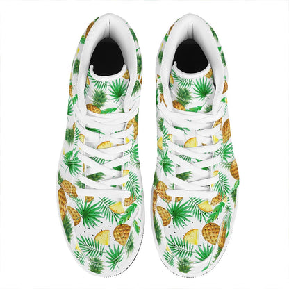 White Watercolor Pineapple Pattern Print High Top Leather Sneakers