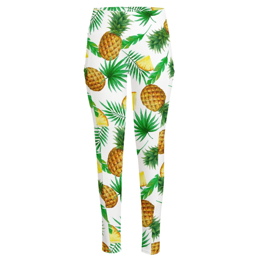 White Watercolor Pineapple Pattern Print High-Waisted Pocket Leggings