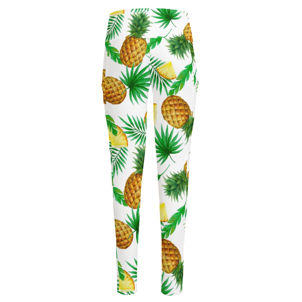 White Watercolor Pineapple Pattern Print High-Waisted Pocket Leggings