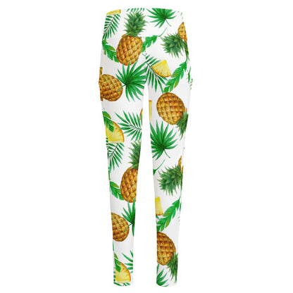 White Watercolor Pineapple Pattern Print High-Waisted Pocket Leggings