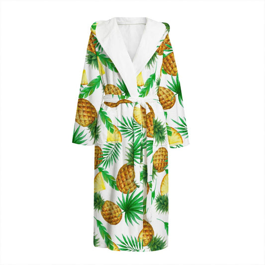 White Watercolor Pineapple Pattern Print Hooded Bathrobe