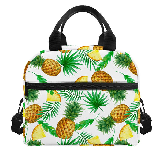 White Watercolor Pineapple Pattern Print Insulated Lunch Bag