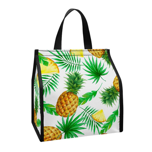 White Watercolor Pineapple Pattern Print Insulated Lunch Tote
