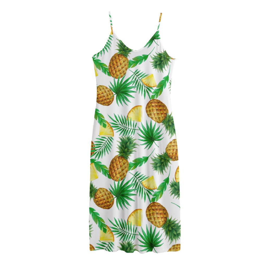 White Watercolor Pineapple Pattern Print Jersey Midi Cami Dress