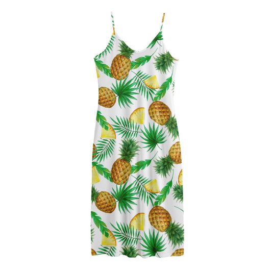 White Watercolor Pineapple Pattern Print Jersey Midi Cami Dress