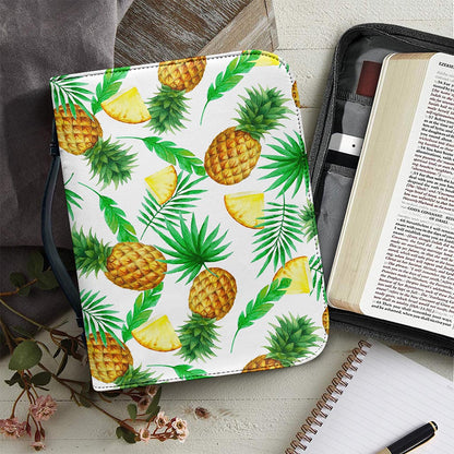 White Watercolor Pineapple Pattern Print Leather Bible Cover