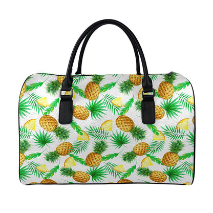 White Watercolor Pineapple Pattern Print Leather Duffle Bag