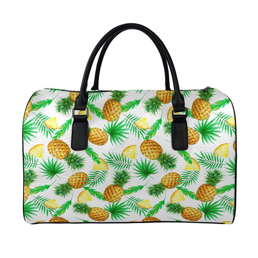 White Watercolor Pineapple Pattern Print Leather Duffle Bag