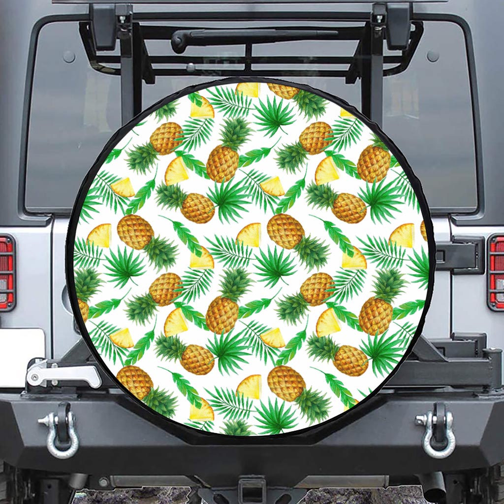 White Watercolor Pineapple Pattern Print Leather Spare Tire Cover