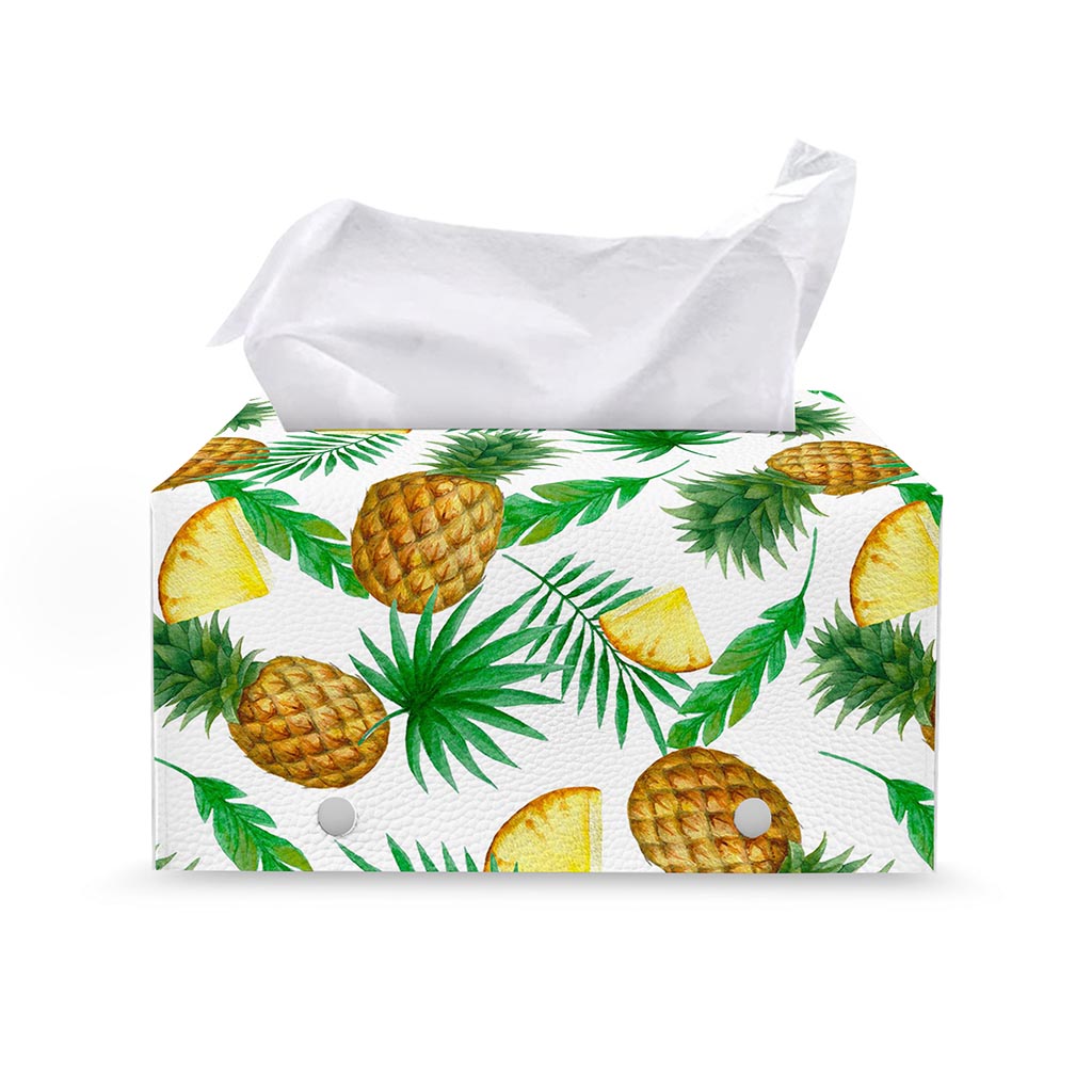 White Watercolor Pineapple Pattern Print Leather Tissue Box Cover