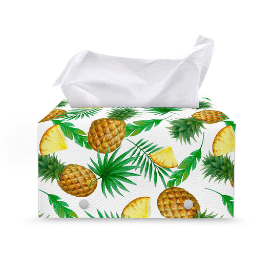 White Watercolor Pineapple Pattern Print Leather Tissue Box Cover