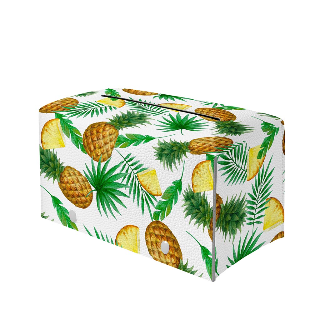 White Watercolor Pineapple Pattern Print Leather Tissue Box Cover