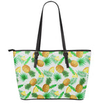White Watercolor Pineapple Pattern Print Leather Tote Bag