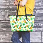 White Watercolor Pineapple Pattern Print Leather Tote Bag