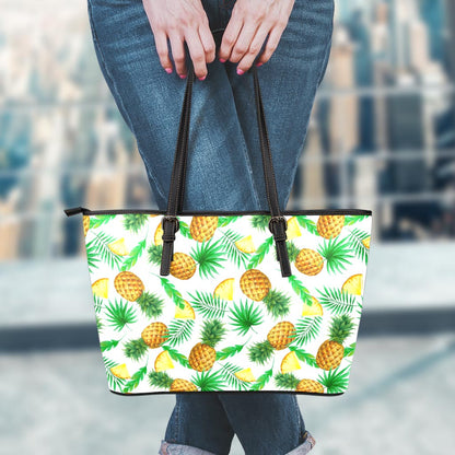 White Watercolor Pineapple Pattern Print Leather Tote Bag
