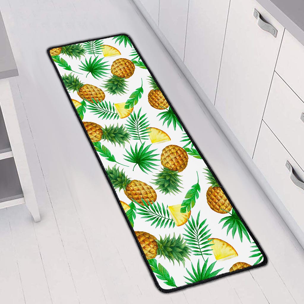 White Watercolor Pineapple Pattern Print Long Kitchen Mat