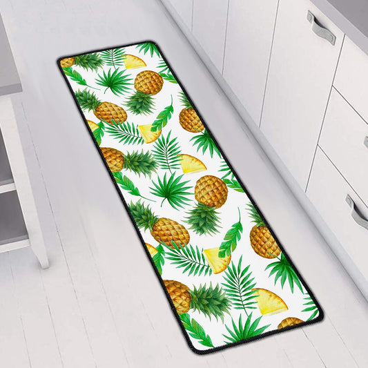White Watercolor Pineapple Pattern Print Long Kitchen Mat
