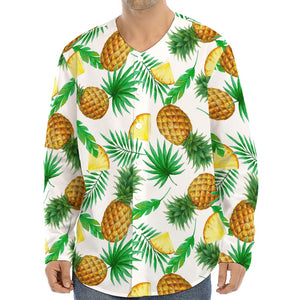 White Watercolor Pineapple Pattern Print Long Sleeve Baseball Jersey