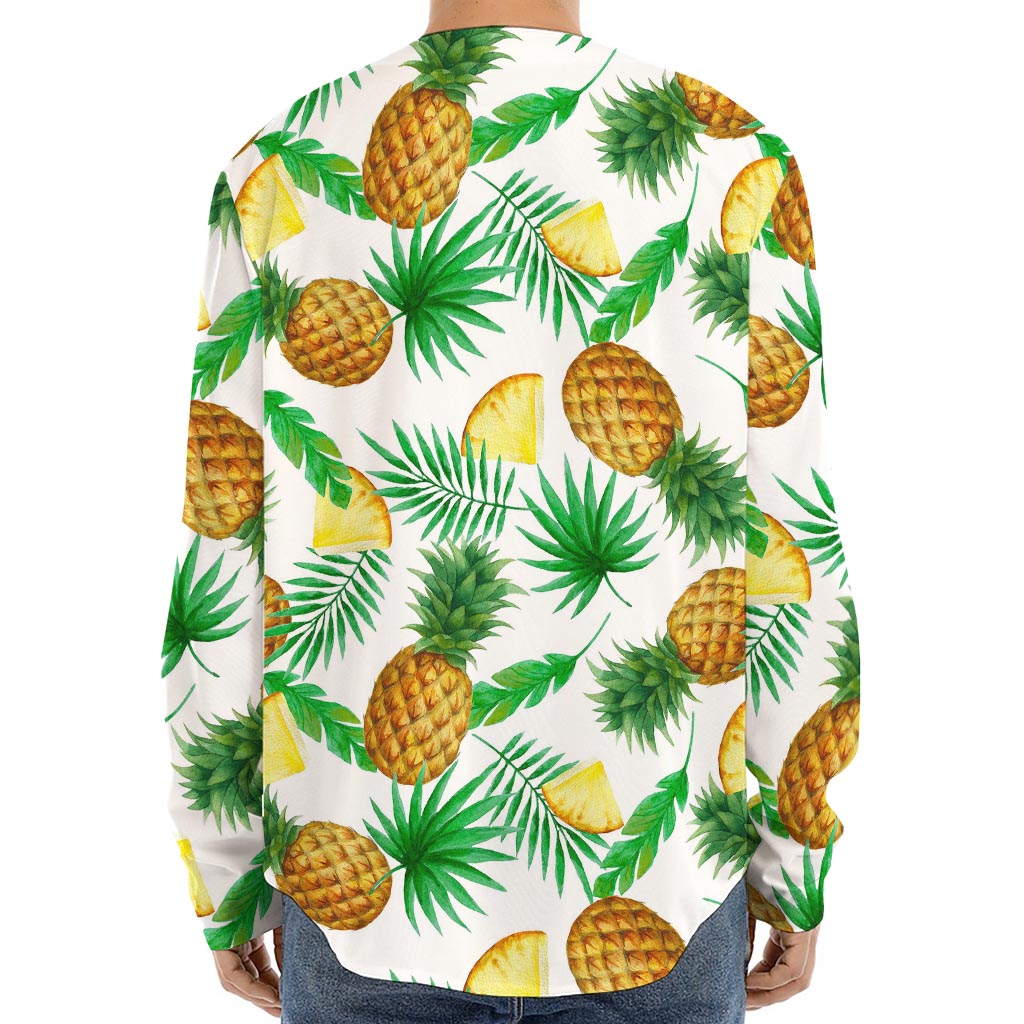 White Watercolor Pineapple Pattern Print Long Sleeve Baseball Jersey