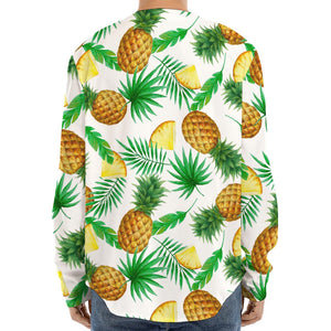 White Watercolor Pineapple Pattern Print Long Sleeve Baseball Jersey