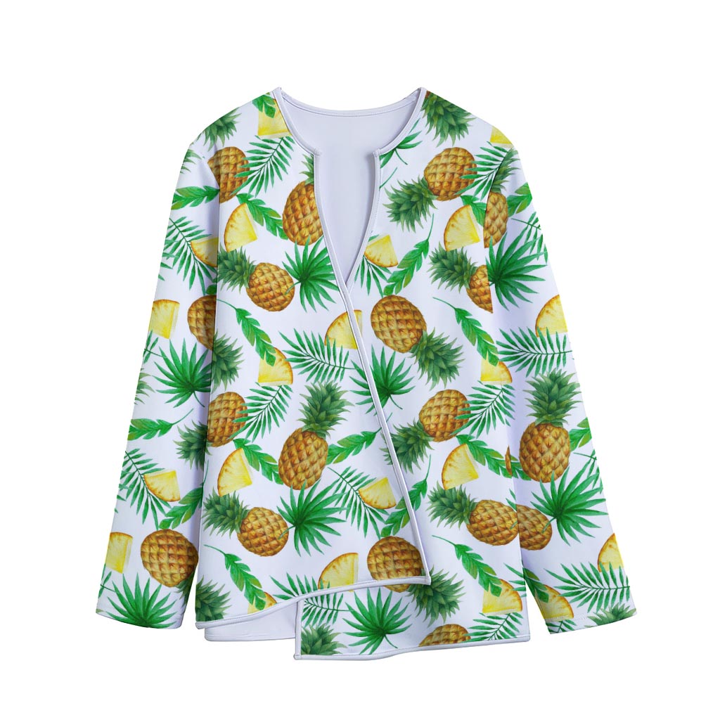 White Watercolor Pineapple Pattern Print Long Sleeve Short Coat