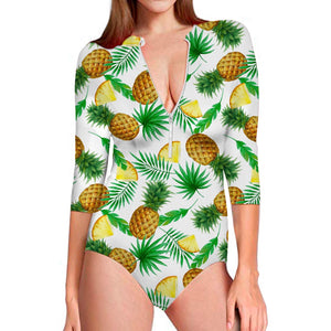 White Watercolor Pineapple Pattern Print Long Sleeve Swimsuit