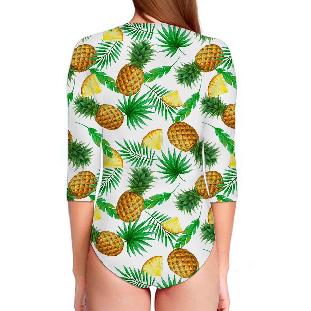 White Watercolor Pineapple Pattern Print Long Sleeve Swimsuit
