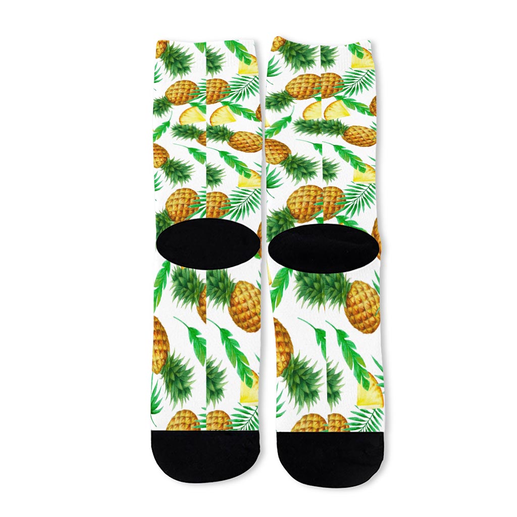 White Watercolor Pineapple Pattern Print Long Socks