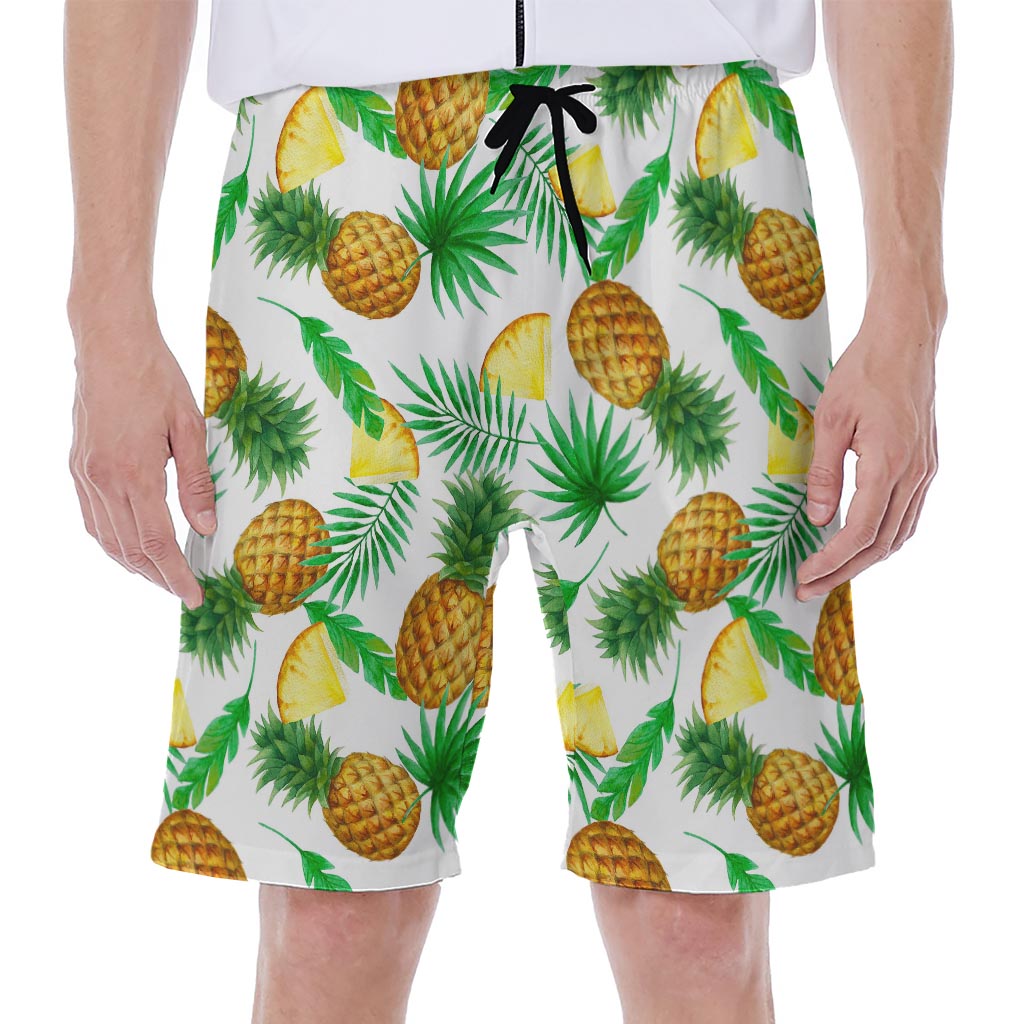 White Watercolor Pineapple Pattern Print Men's Beach Shorts