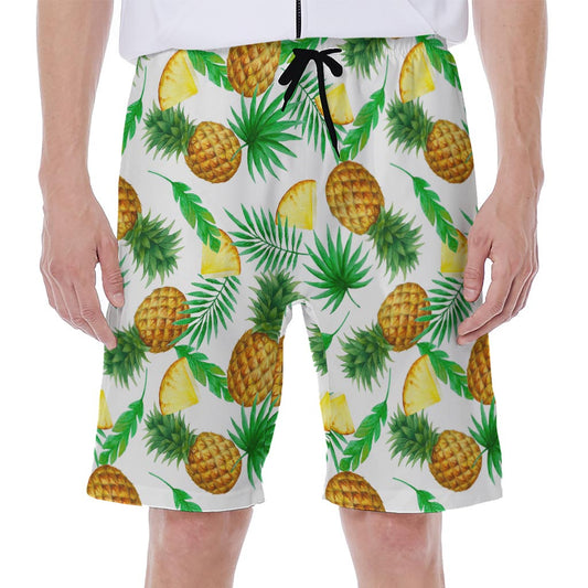 White Watercolor Pineapple Pattern Print Men's Beach Shorts