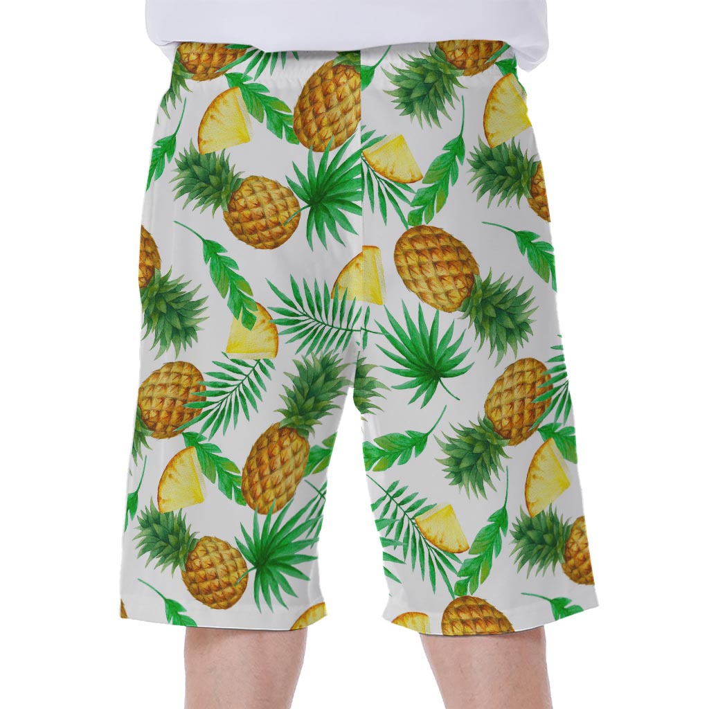 White Watercolor Pineapple Pattern Print Men's Beach Shorts