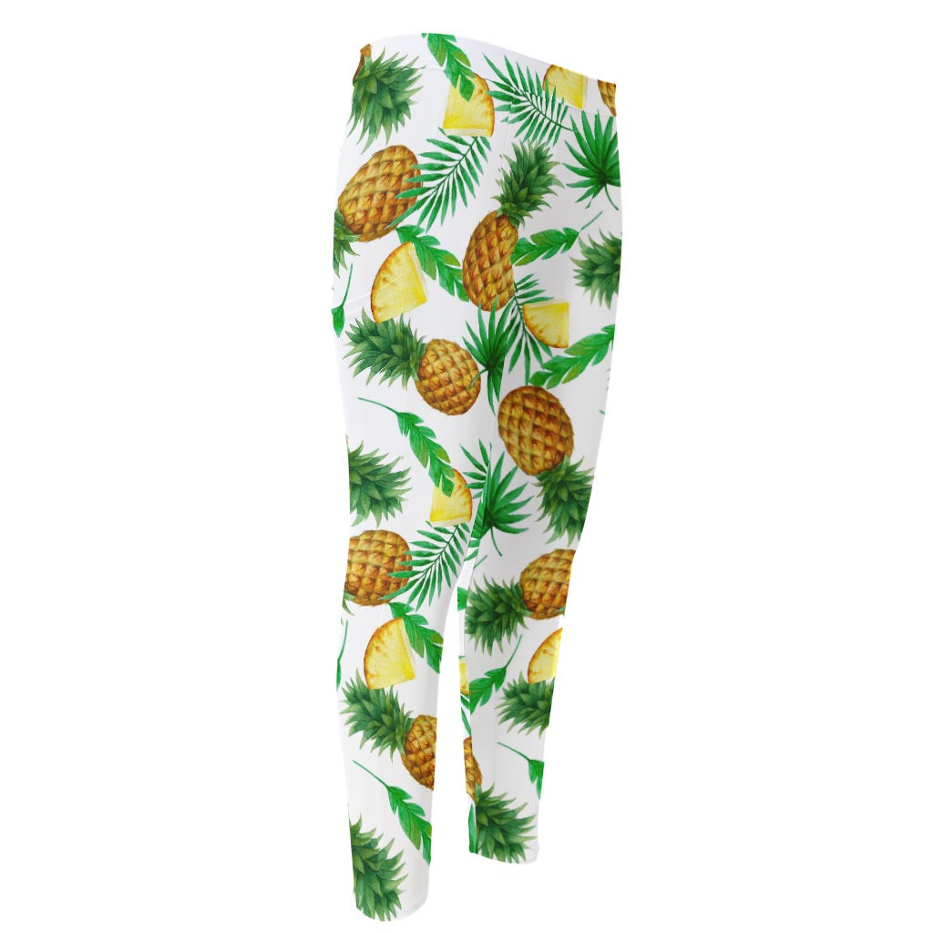 White Watercolor Pineapple Pattern Print Men's Compression Pants
