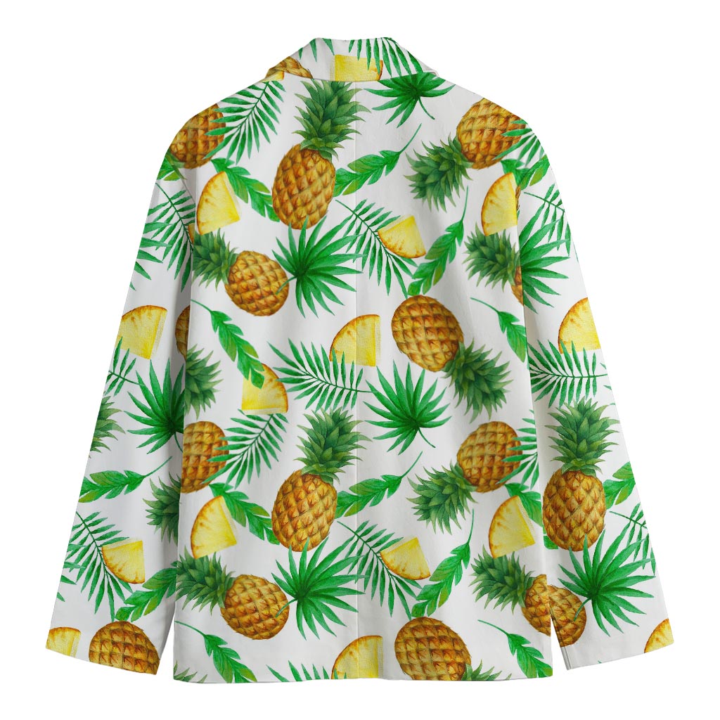 White Watercolor Pineapple Pattern Print Men's Cotton Blazer