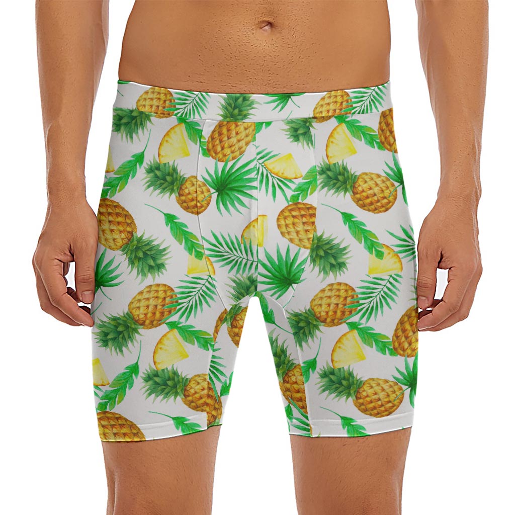 White Watercolor Pineapple Pattern Print Men's Long Boxer Briefs