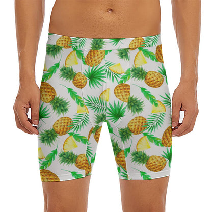 White Watercolor Pineapple Pattern Print Men's Long Boxer Briefs